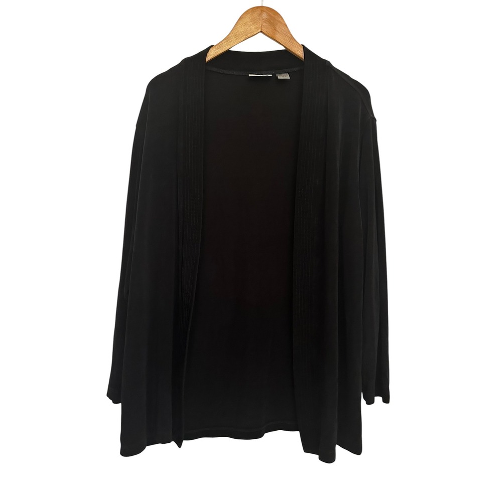 Chicos Travelers Black‎ Open Front Cardigan Slinky Knit Ribbed Trim L No iron